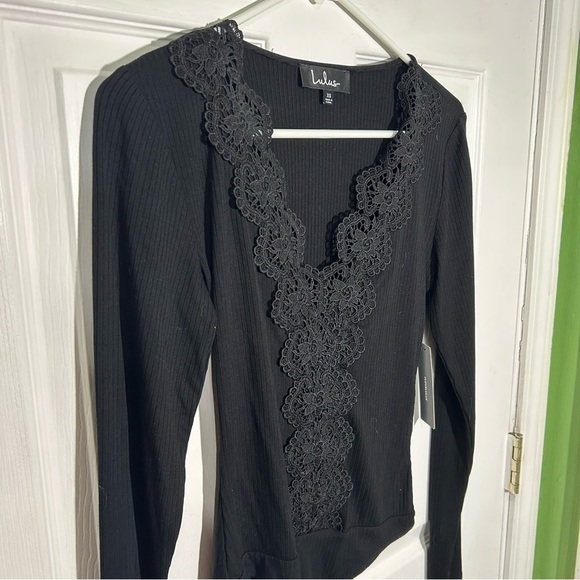 Lulu’s Come Back To You Black Lace Long Sleeve Ribbed Bodysuit Size XS NWT - Picture 3 of 10